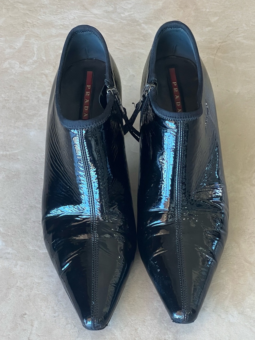 Vintage Prada Black Patent Pointed Toe Zip Heels Pumps Italy Size 38.5